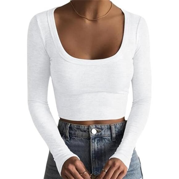Women's Square Neck Long Sleeve Ribbed Slim Fitted Casual Basic Crop - Picture 6 of 6